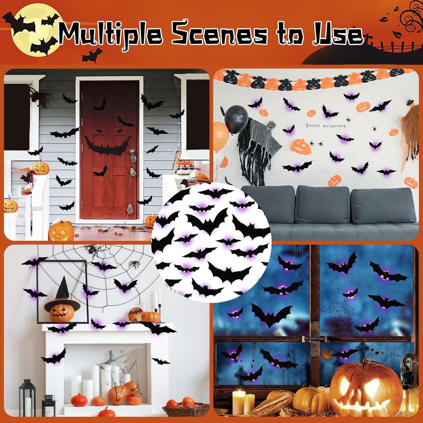 LED Light 3D Bat Stickers Assorted Size for Halloween Party