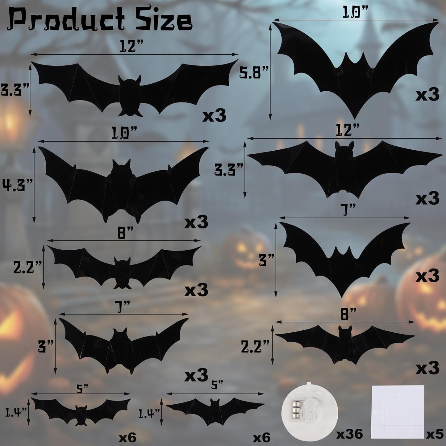 LED Light 3D Bat Stickers Assorted Size for Halloween Party